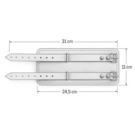 Rysunek wymiarowy opaski na nadgarstek: wysokość 11 cm, długość korpusu 24,5 cm, całość ze stelażem 31 cm