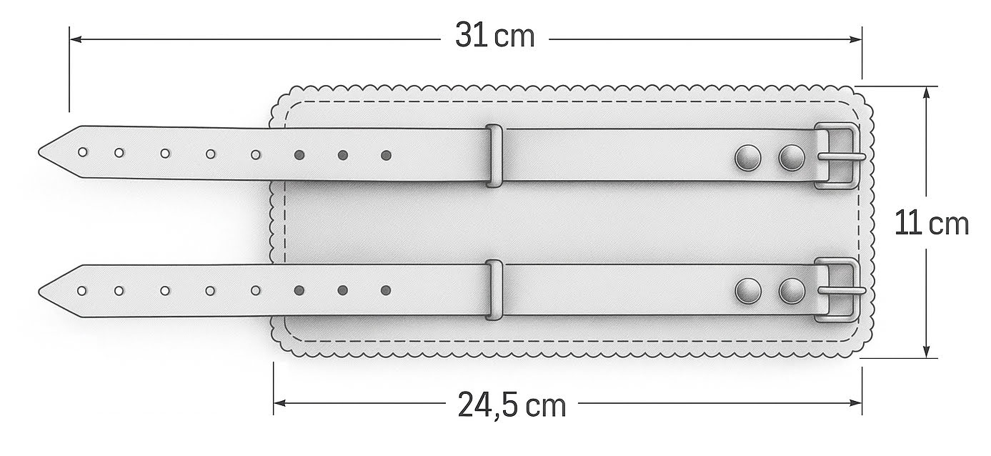 Wymiary skórzanej opaski usztywniającej nadgarstek – szerokość 11 cm, długość 24,5 cm